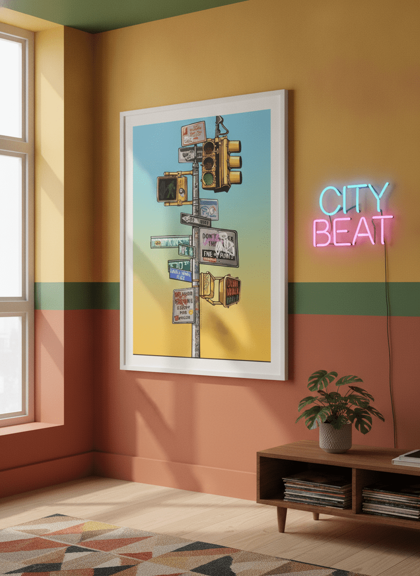 Bold wall art styled in a colourful, eclectic modern home