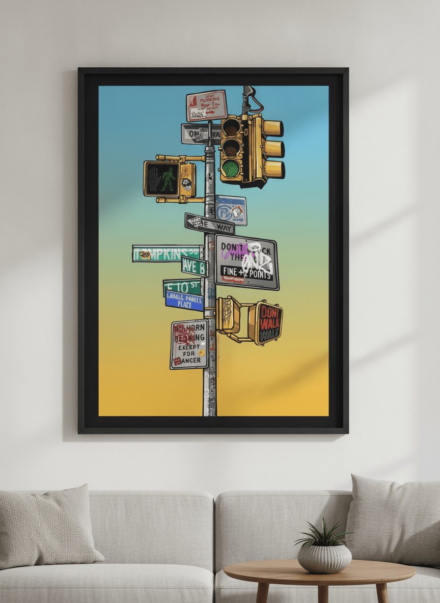 Modern wall art styled above a sofa in a neutral living room