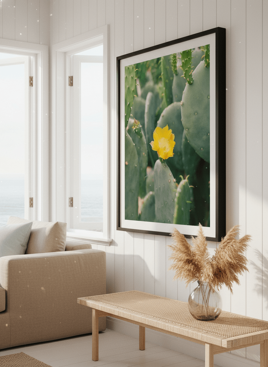 Neutral wall art displayed in a sunny coastal beach house
