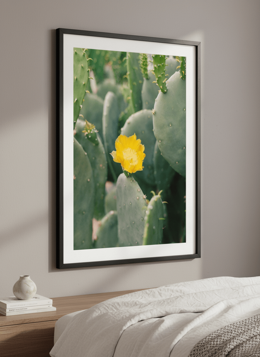 Minimalist artwork displayed in a calm, light-filled bedroom interior
