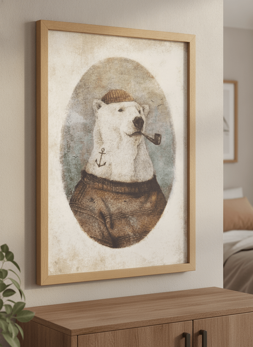 Minimalist artwork displayed in a calm, light-filled bedroom interior