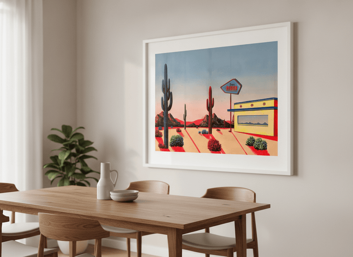 Wall art styled above a dining table in a contemporary home