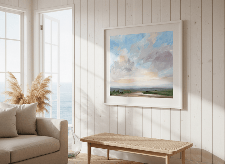 Neutral wall art displayed in a sunny coastal beach house