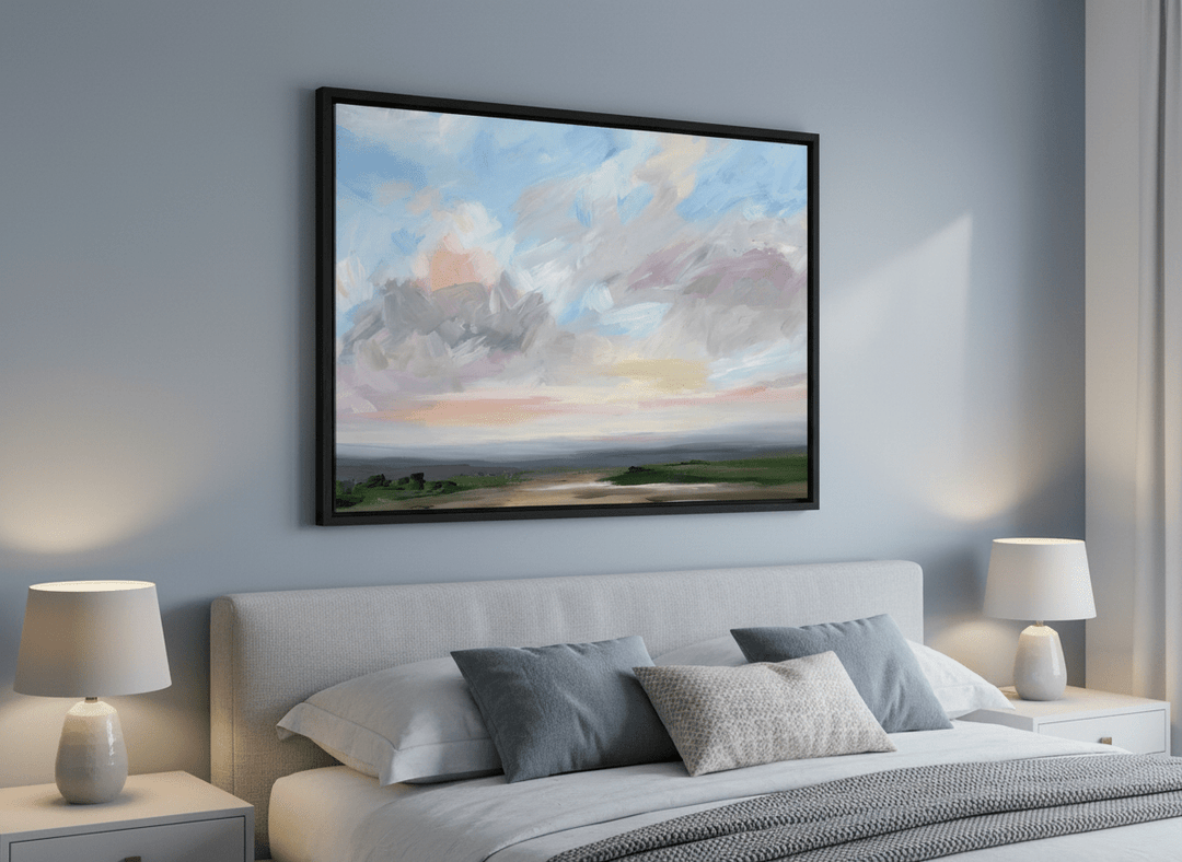 Minimalist artwork displayed in a calm, light-filled bedroom interior