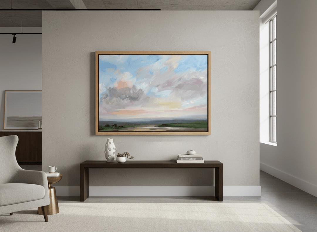 Monumental artwork centred on a feature wall in a luxe interior