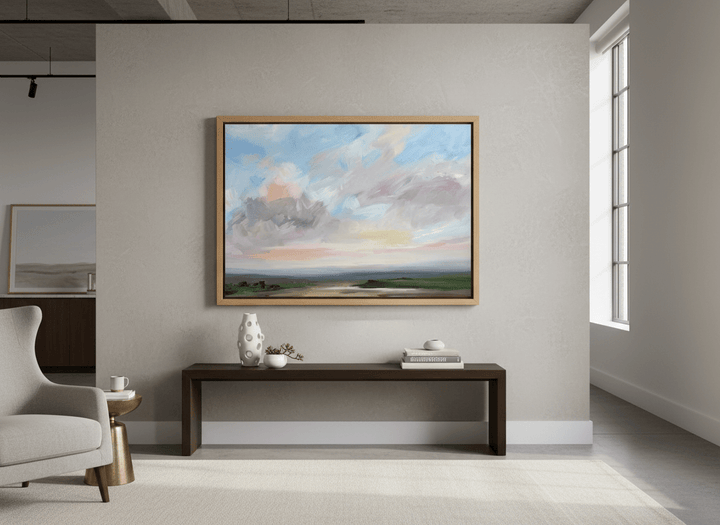 Monumental artwork centred on a feature wall in a luxe interior