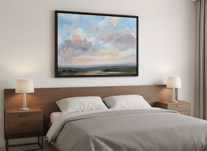 Minimalist artwork displayed in a calm, light-filled bedroom interior