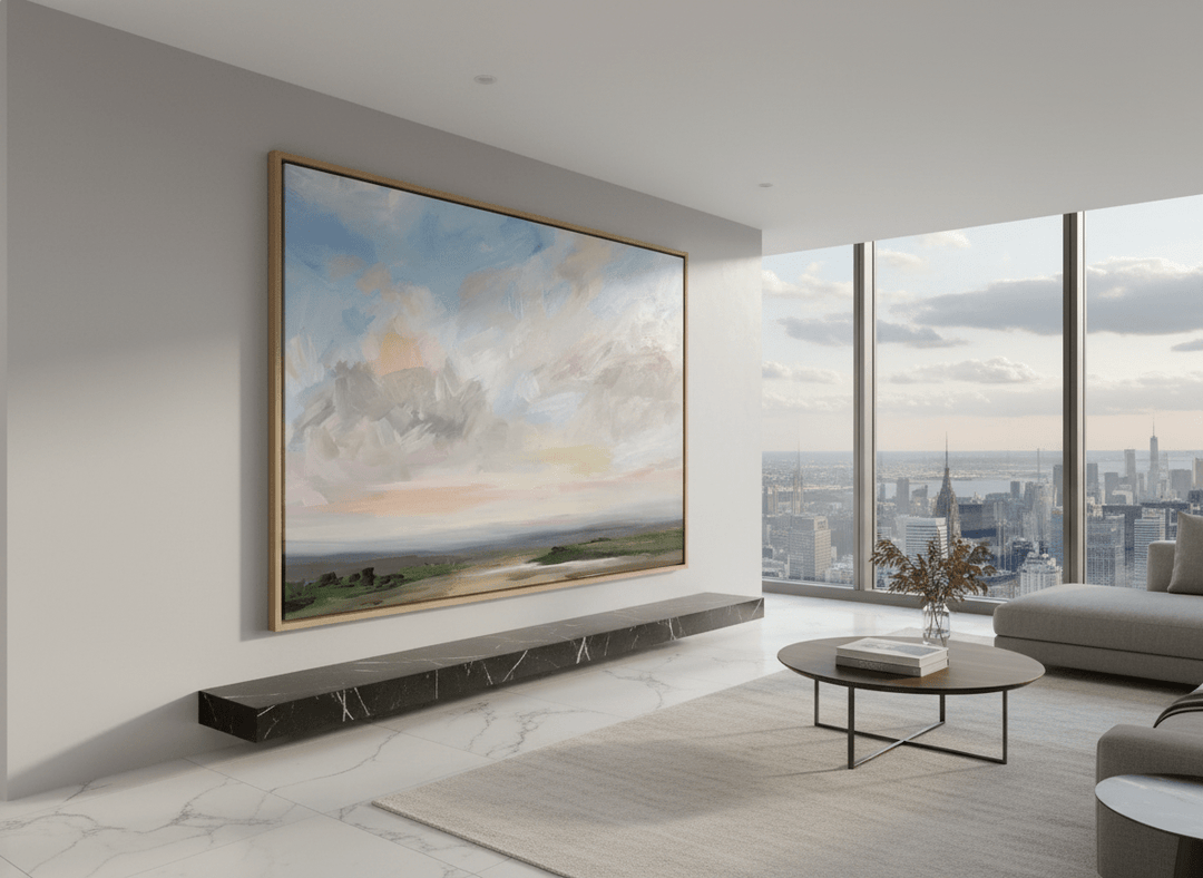 Monumental artwork centred on a feature wall in a luxe interior