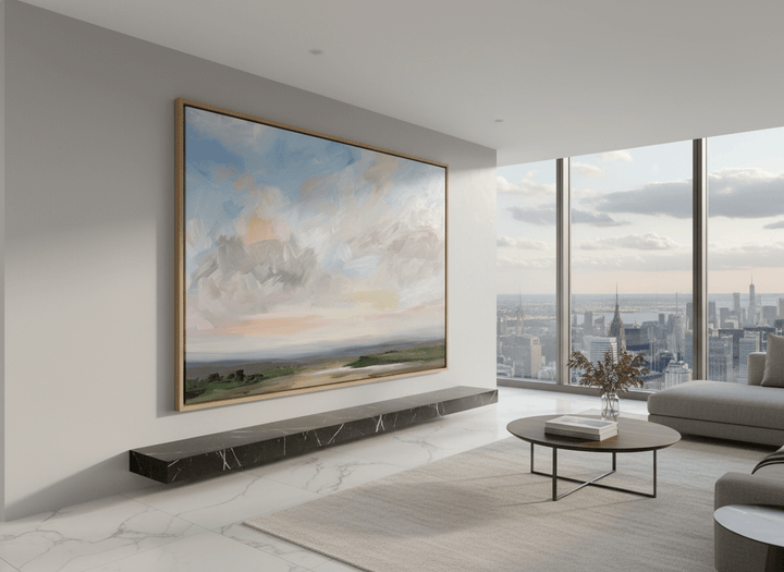 Monumental artwork centred on a feature wall in a luxe interior