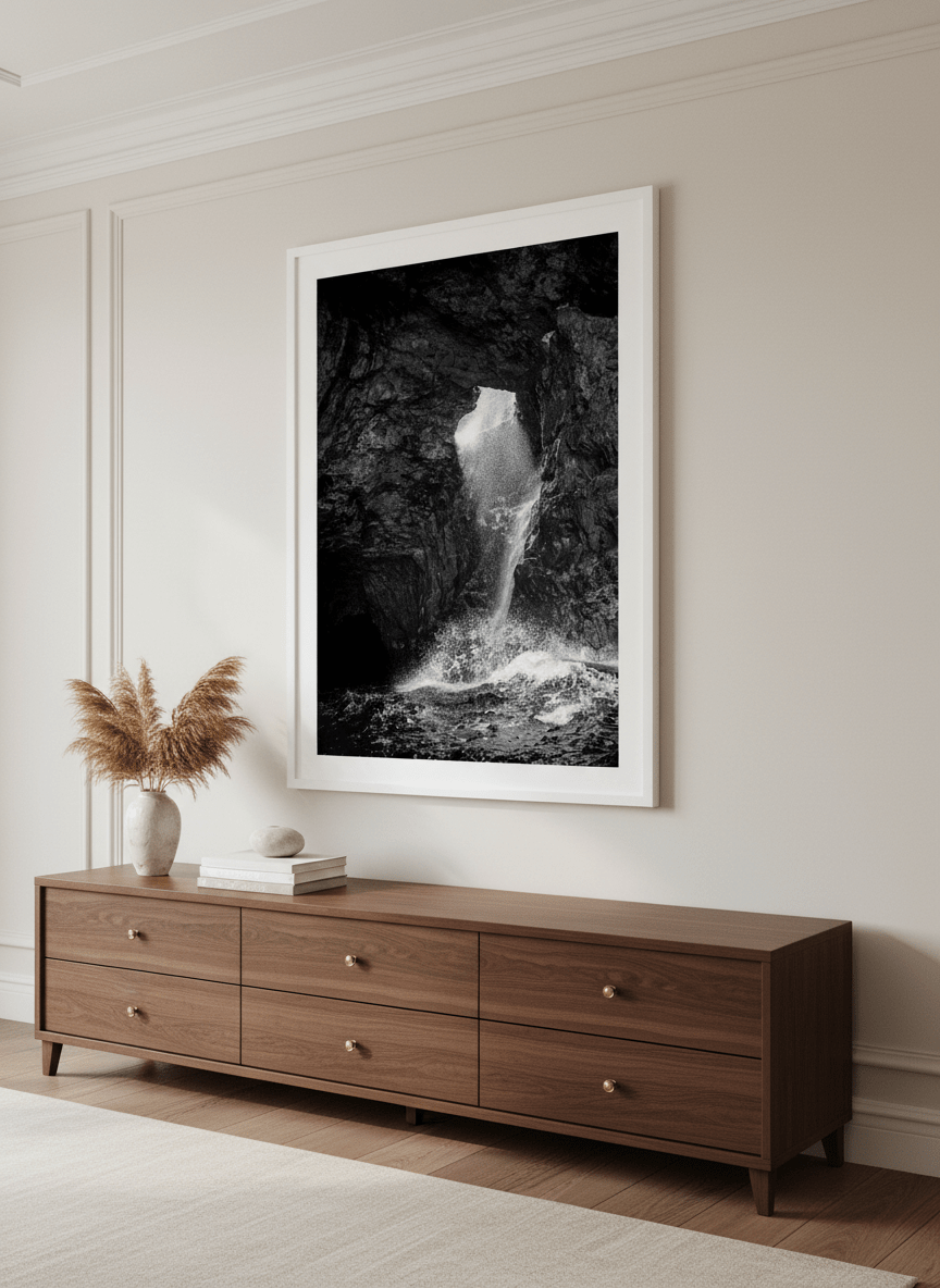 Monumental artwork centred on a feature wall in a luxe interior