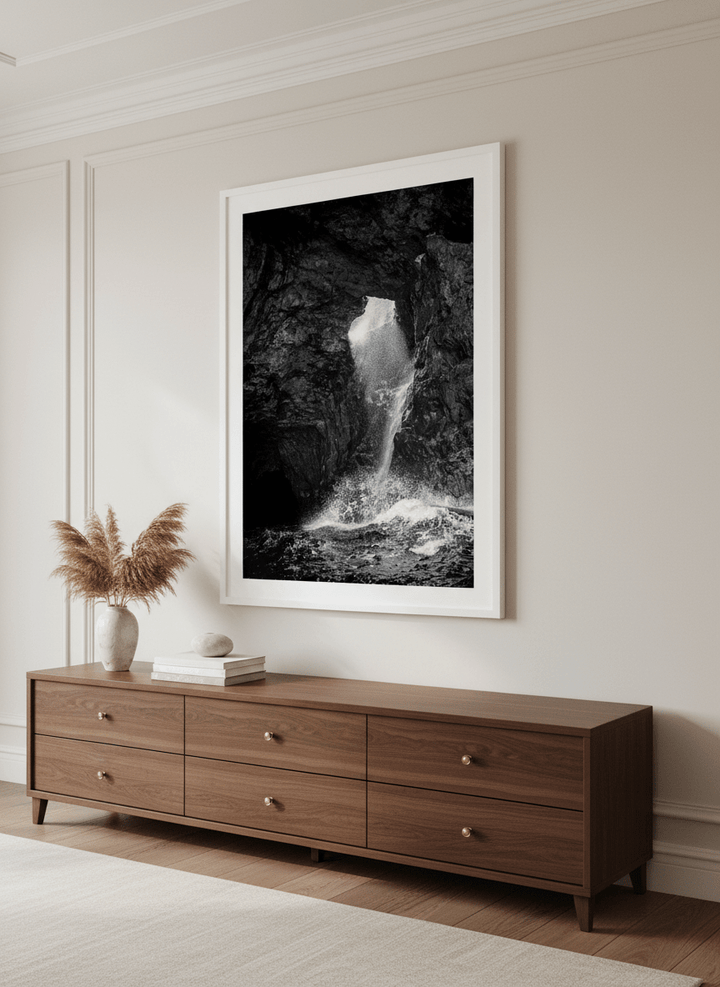 Monumental artwork centred on a feature wall in a luxe interior