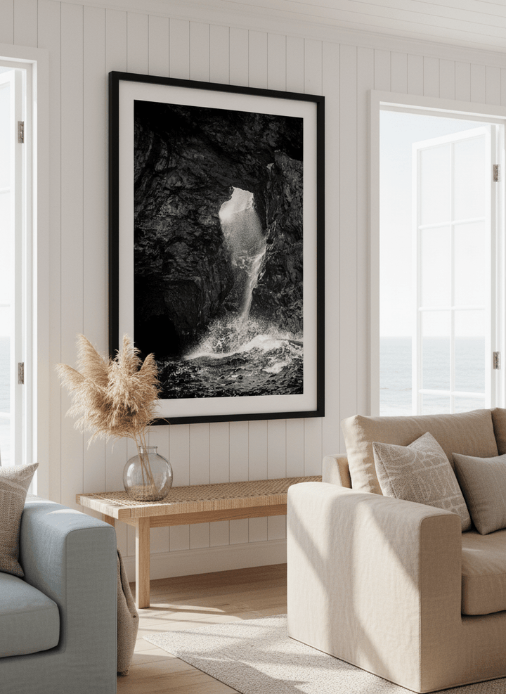 Neutral wall art displayed in a sunny coastal beach house