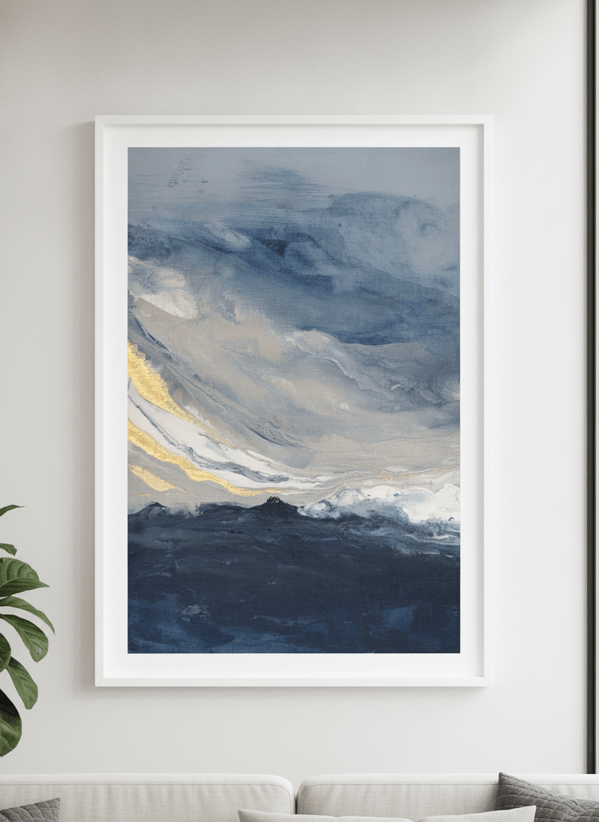 Modern wall art styled above a sofa in a neutral living room
