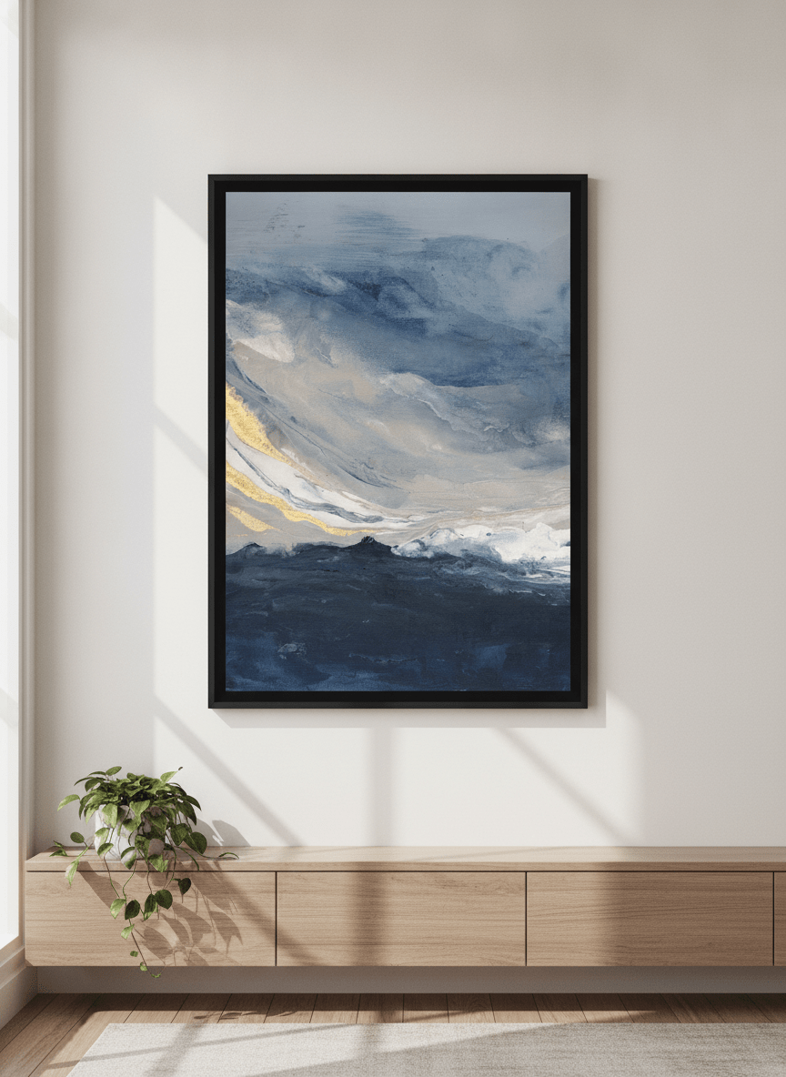 Minimalist artwork displayed in a calm, light-filled bedroom interior