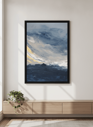 Minimalist artwork displayed in a calm, light-filled bedroom interior