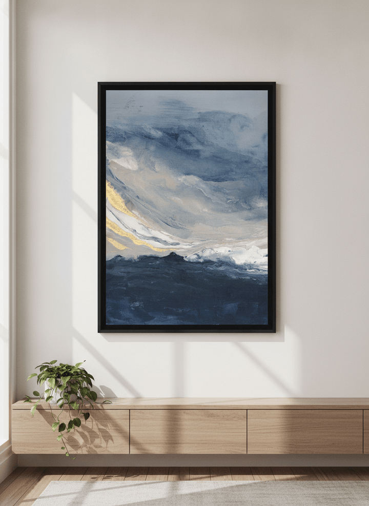 Minimalist artwork displayed in a calm, light-filled bedroom interior