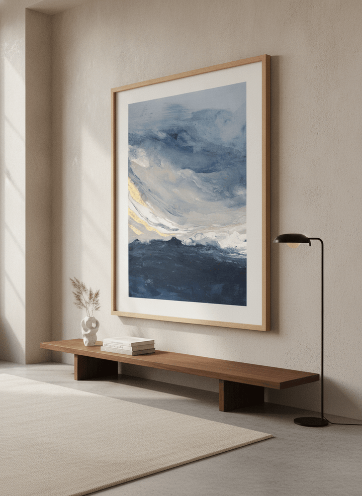 Monumental artwork centred on a feature wall in a luxe interior