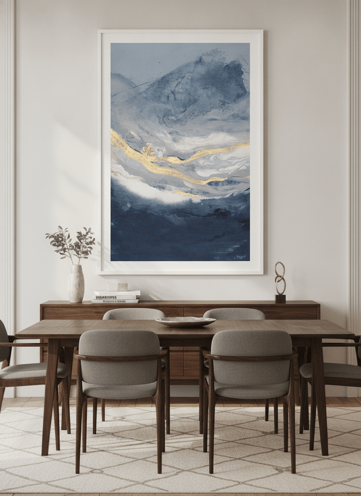 Monumental artwork centred on a feature wall in a luxe interior