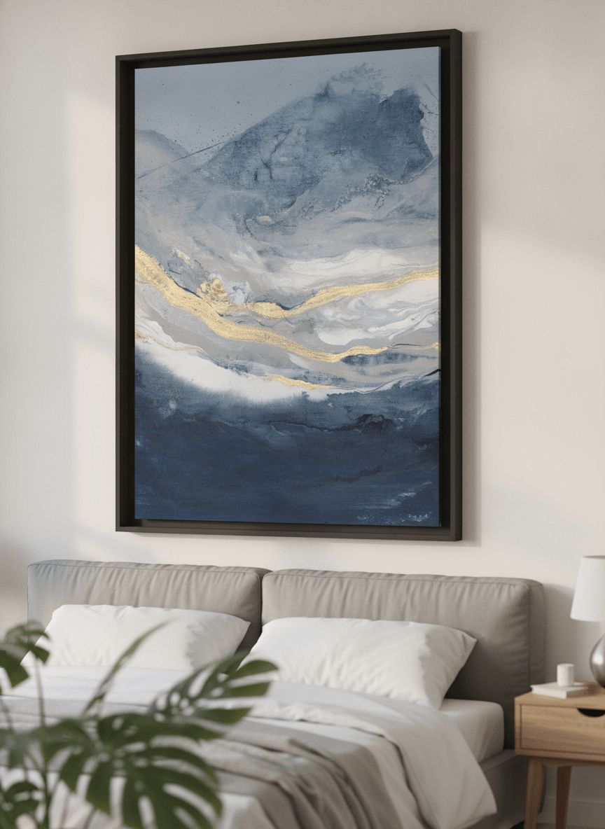 Minimalist artwork displayed in a calm, light-filled bedroom interior