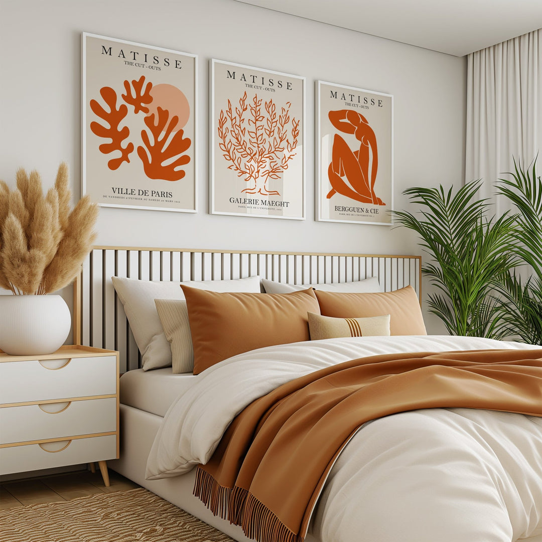 Orange Matisse Trio Matching Wall Art Prints,bedroom,timber border