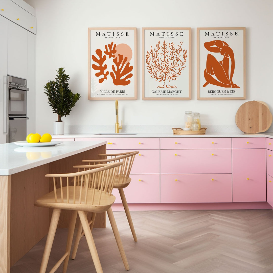 Orange Matisse Trio Matching Wall Art Prints,bedroom,timber border