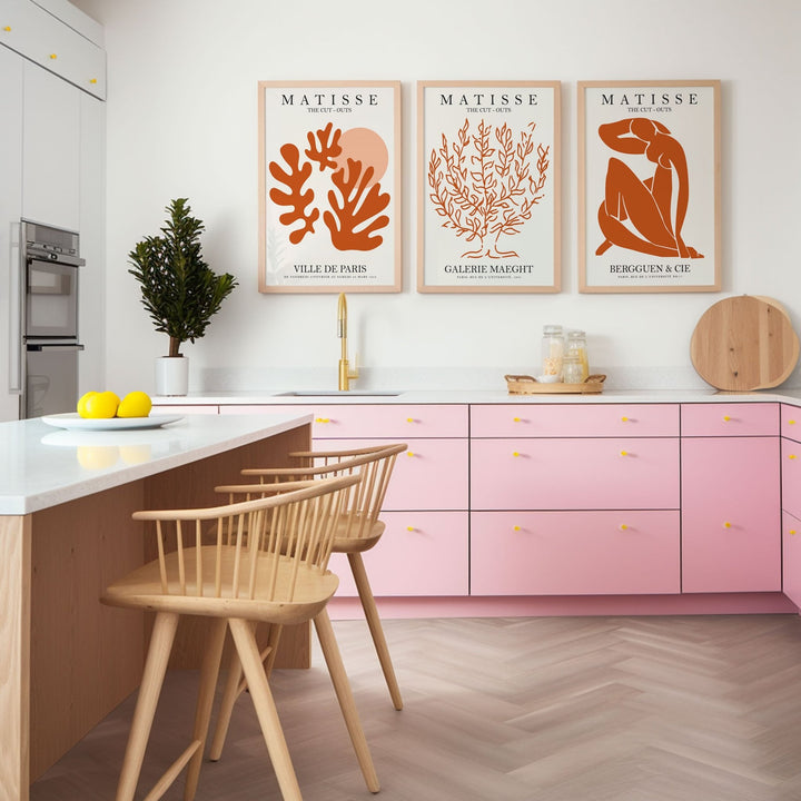 Orange Matisse Trio Matching Wall Art Prints,bedroom,timber border