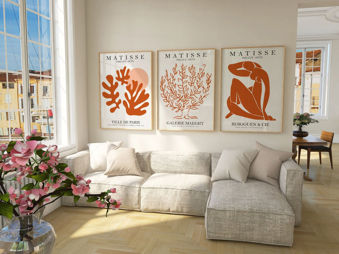 Orange Matisse Trio Matching Wall Art Prints,bedroom,timber border