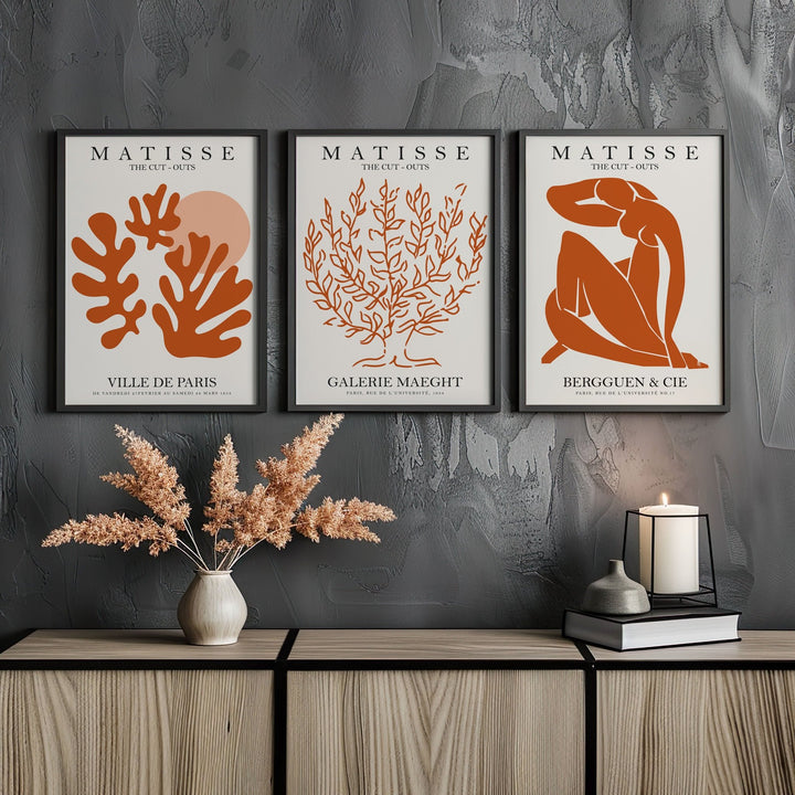 Orange Matisse Trio Matching Wall Art Prints,bedroom,timber border