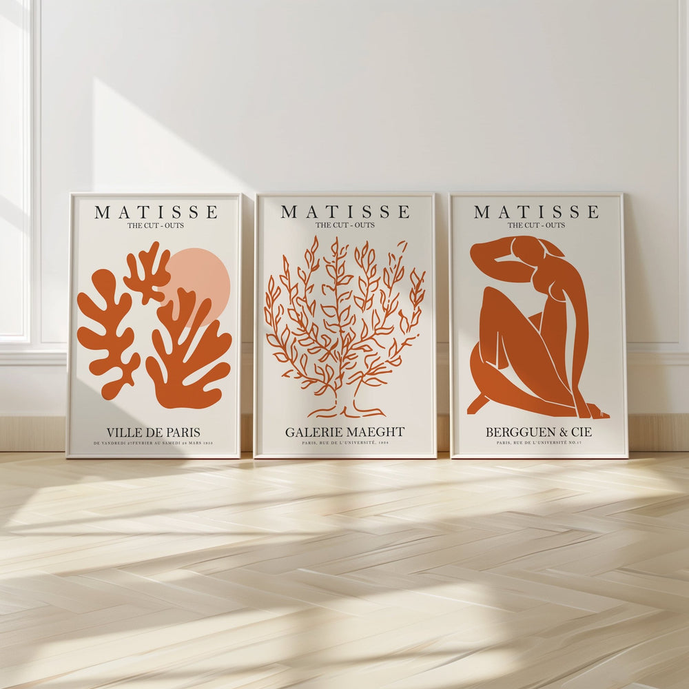 Orange Matisse Trio Matching Wall Art Prints,bedroom,timber border