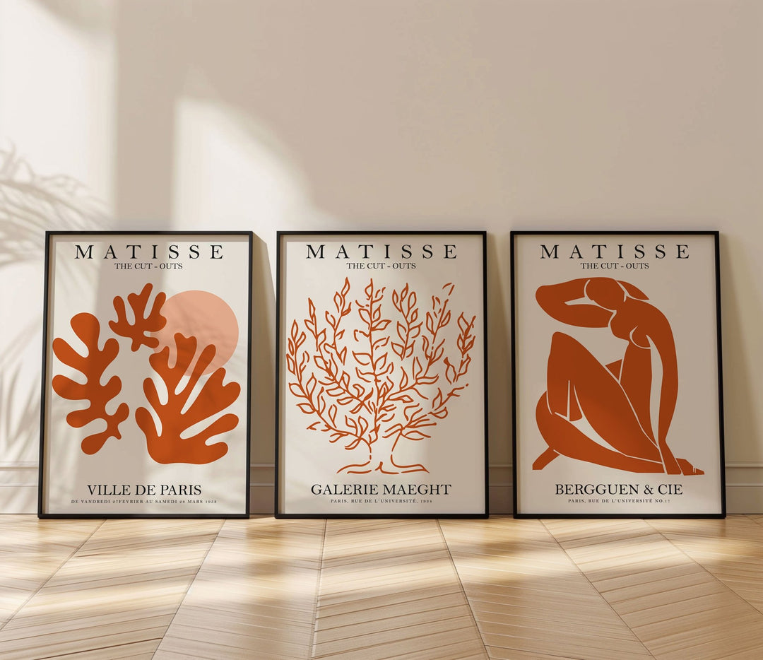 Orange Matisse Trio Matching Wall Art Prints,bedroom,timber border