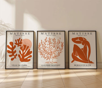 Orange Matisse Trio Matching Wall Art Prints,bedroom,timber border