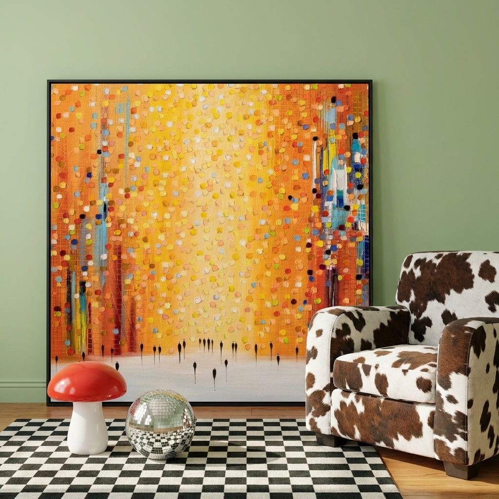 Oversized statement canvas wall art with a black surround leaning against the wall in a colourful eclectic living room