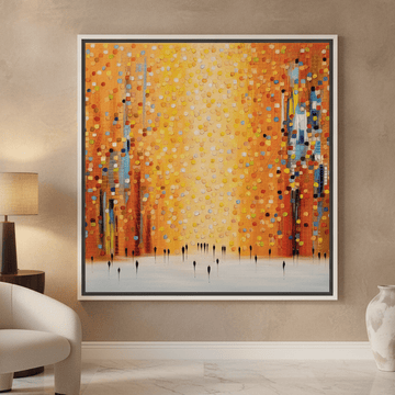 Canvas wall art with a white surround leaning against the wall in a luxe dining room