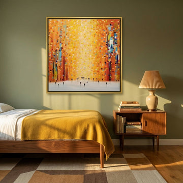 Canvas wall art with a gold leaf surround styled on the wall in a mid-century bedroom