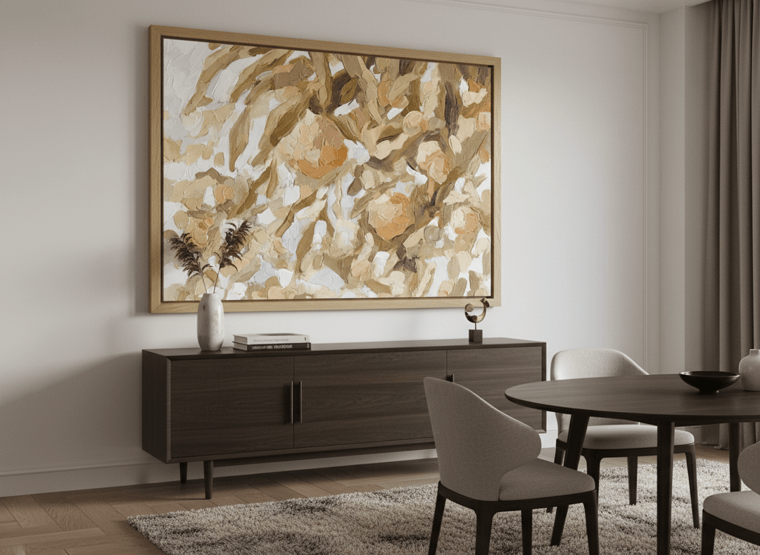 Monumental artwork centred on a feature wall in a luxe interior