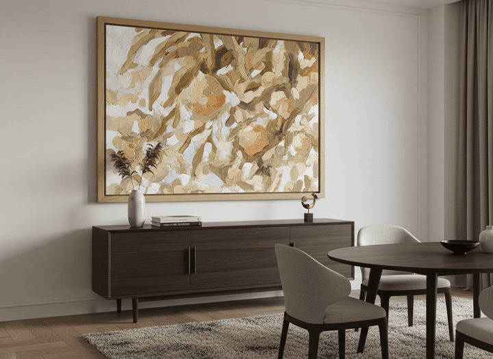 Monumental artwork centred on a feature wall in a luxe interior
