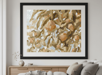 Minimalist artwork displayed in a calm, light-filled bedroom interior