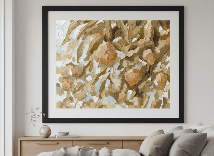 Minimalist artwork displayed in a calm, light-filled bedroom interior