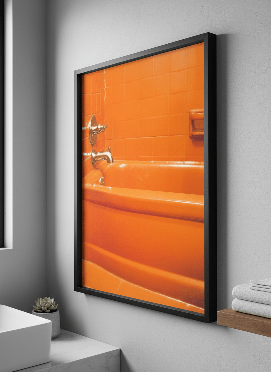Modern print displayed in a clean minimalist bathroom setting