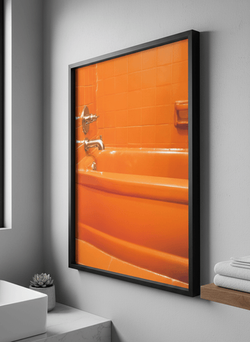 Modern print displayed in a clean minimalist bathroom setting