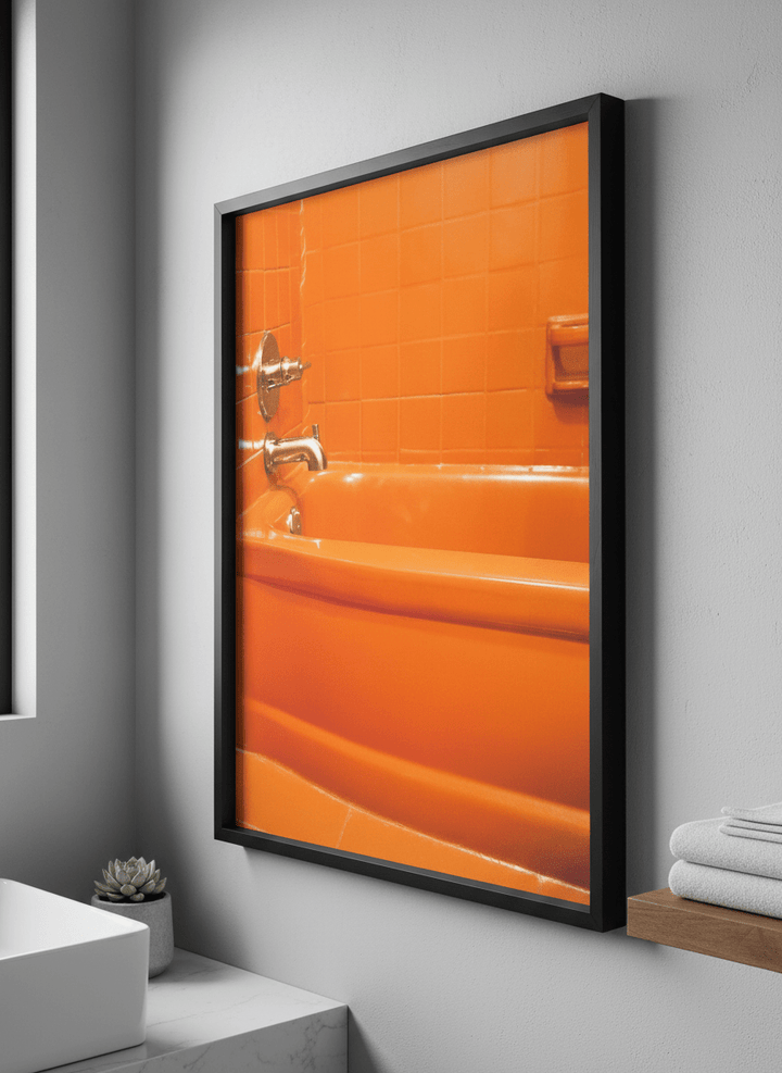 Modern print displayed in a clean minimalist bathroom setting