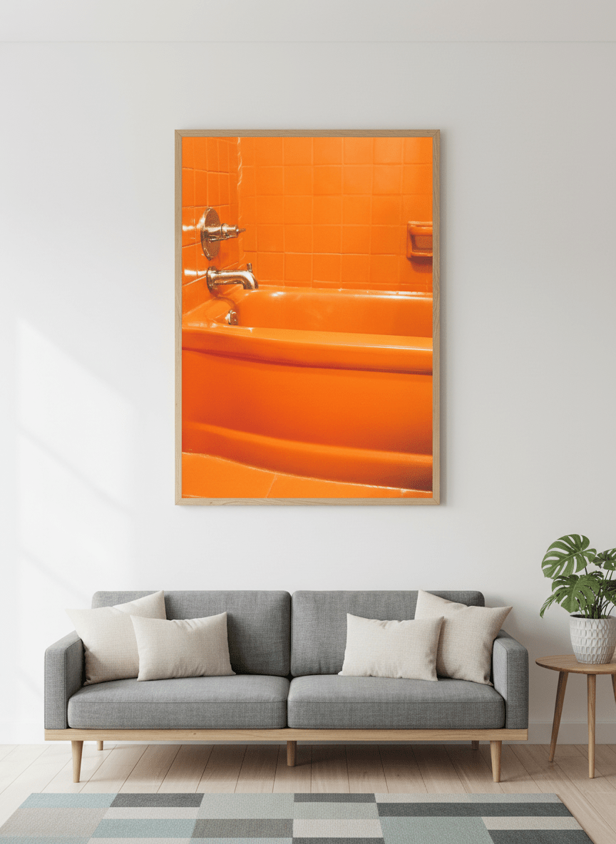 Modern wall art styled above a sofa in a neutral living room