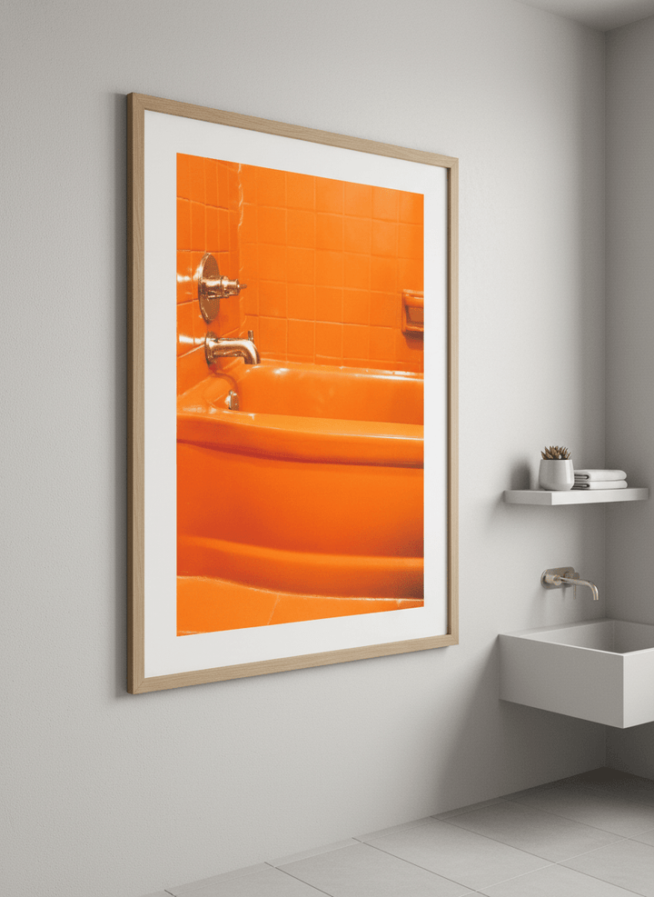 Modern print displayed in a clean minimalist bathroom setting