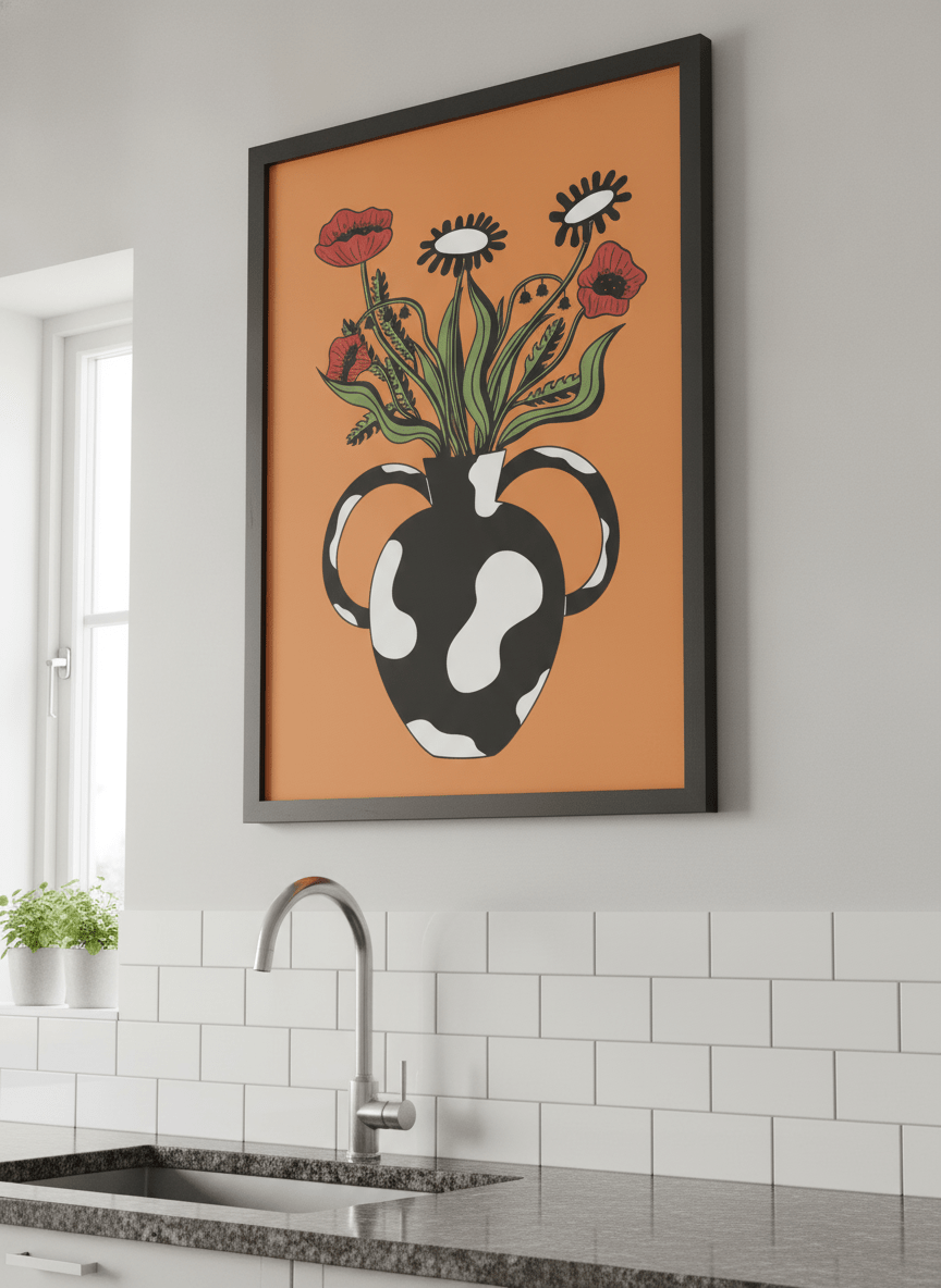 Artwork styled on the wall of a bright modern kitchen