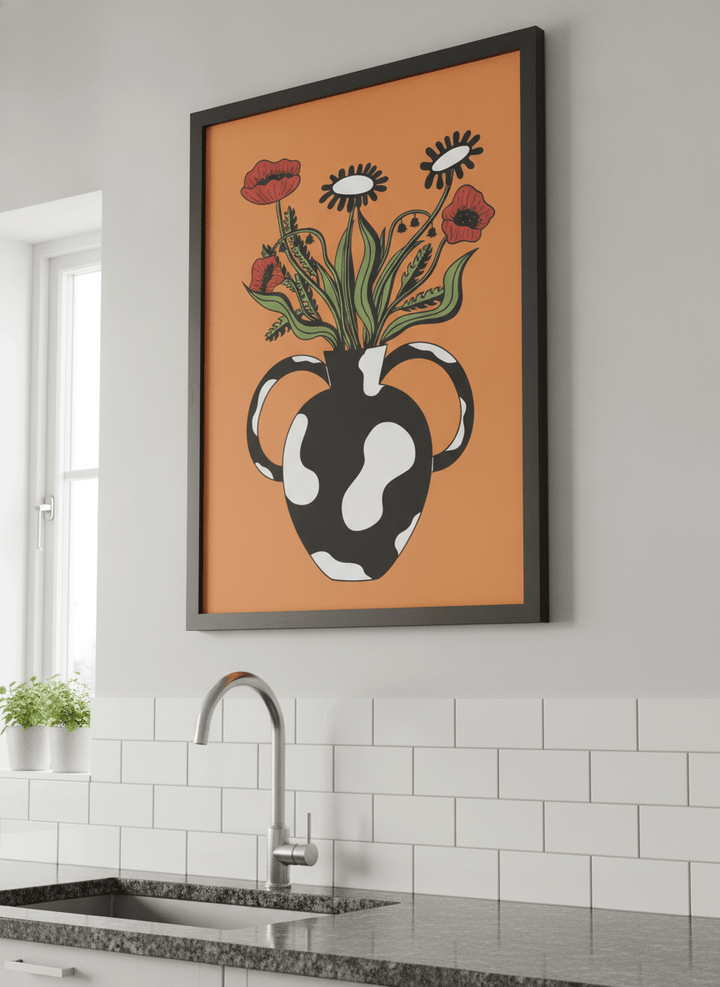 Artwork styled on the wall of a bright modern kitchen