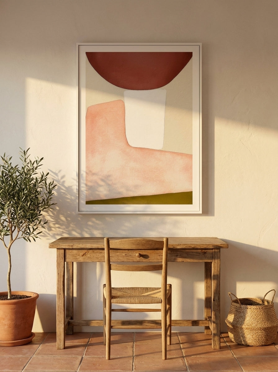 Modern wall art print styled on the wall in a Mediterranean home office