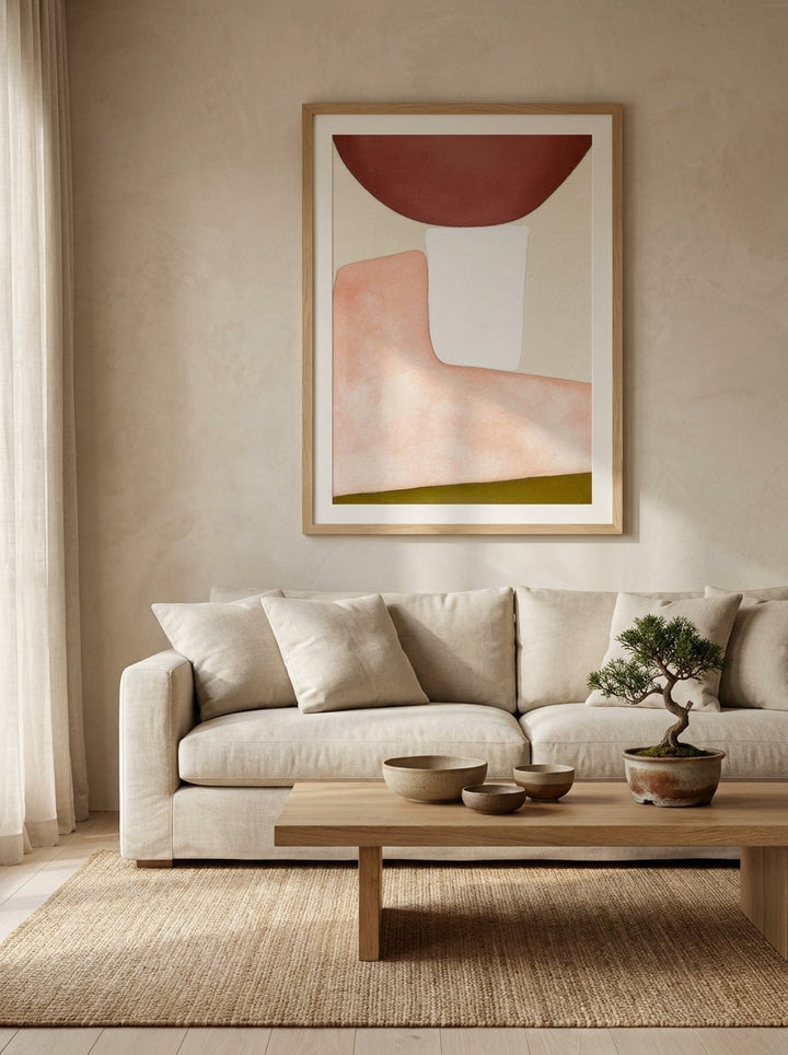 Modern wall art print styled on the wall in a warm Japandi living room