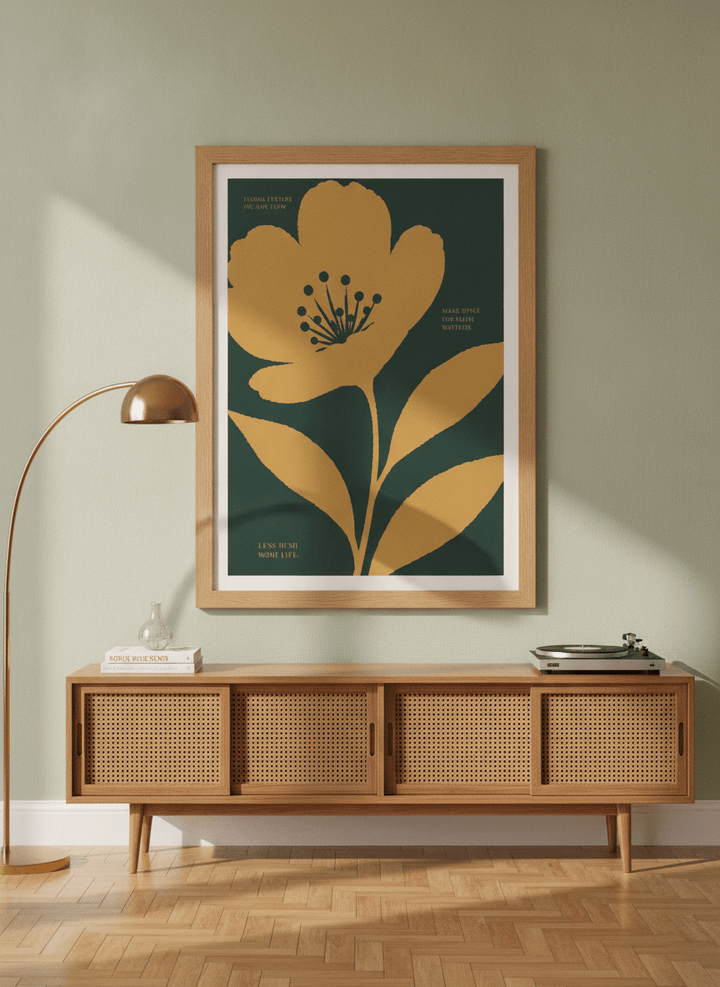 Modern wall art print styled on the wall in a mid-century living room