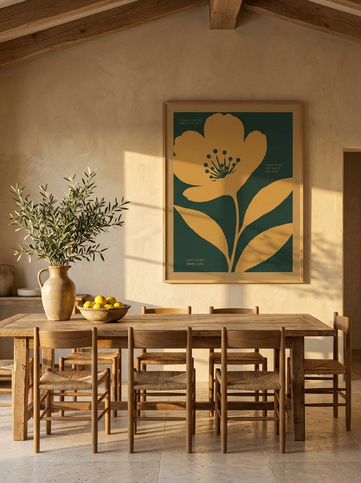 Oversized statement modern wall art print styled on the wall in a Mediterranean dining room