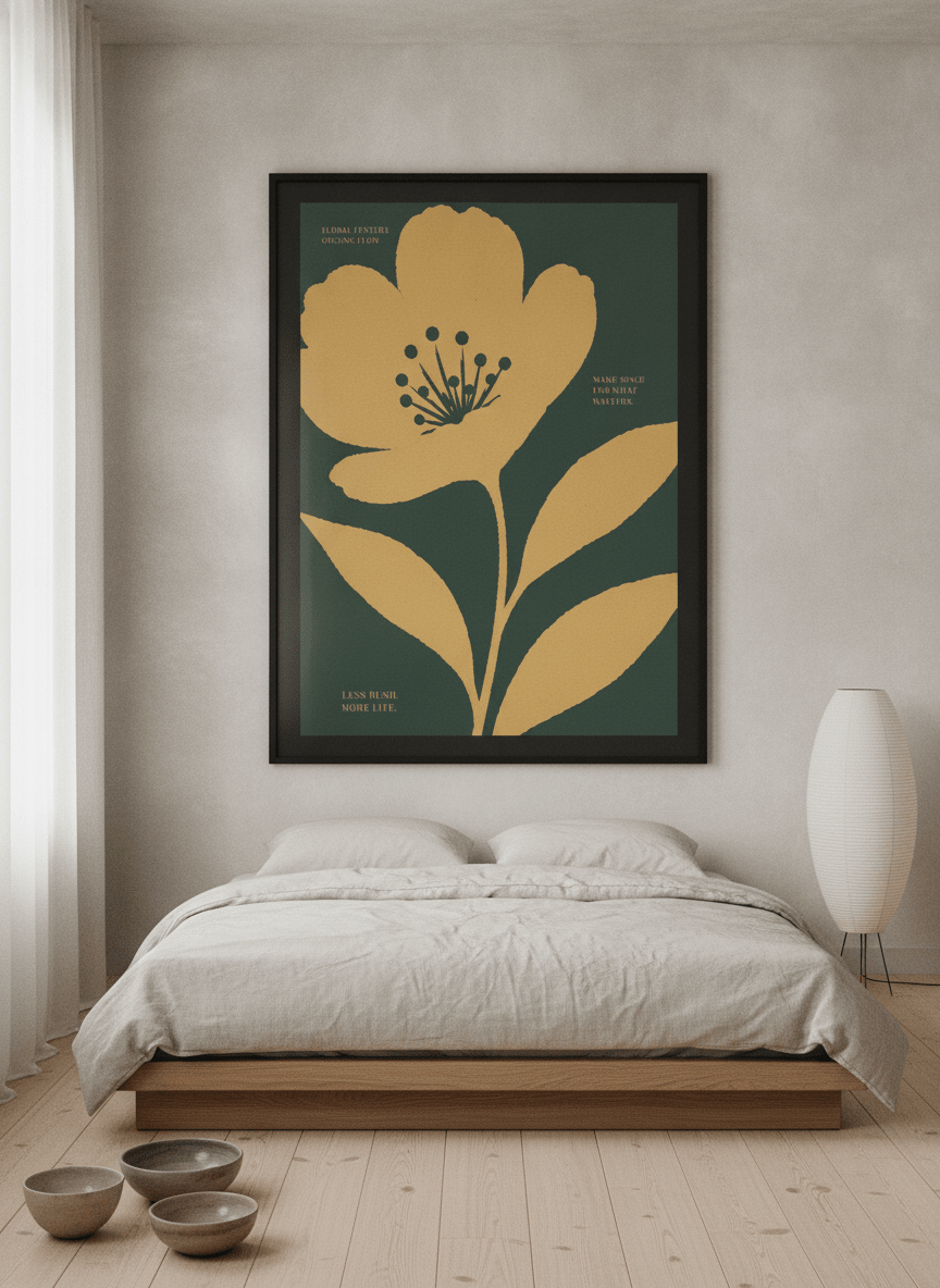 Oversized statement modern wall art print styled on the wall in a warm Japandi bedroom